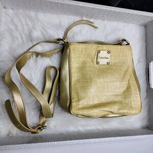 Vintage Calvin Klein Gold Canvas and Faux Leather Shoulder bag